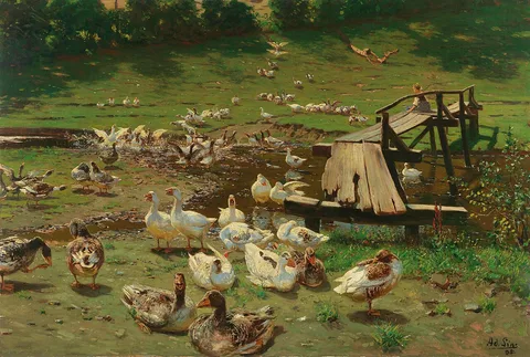Adolf Lins, A summer day, geese by a pond
