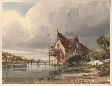 Thomas Shotter Boys, A River and Cottage with White Paling