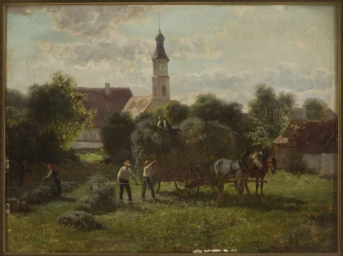 Adolf van der Venne, Carting hay with a view of the village and the church