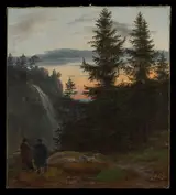 Johan Christian Clausen Dahl, Two Men before a Waterfall at Sunset