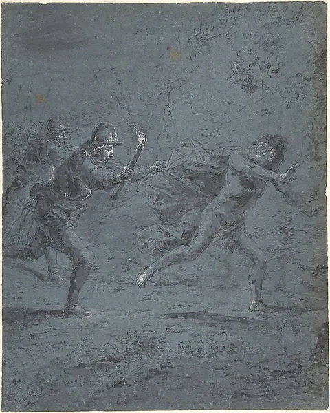 Leonaert Bramer, Night scene with soldiers chasing a fugitive (Mark XIV, 5-52)