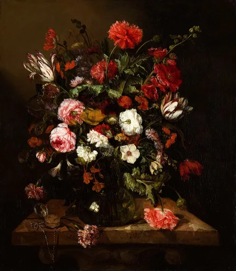 Abraham van Beijeren, Flower Still Life with a Timepiece