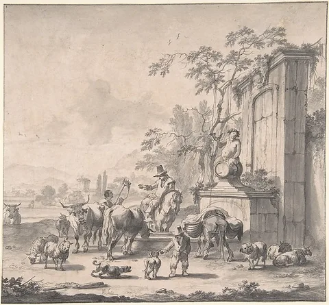 Pieter Bout, Landscape with Herdsmen, Sheep and Cows Around a Fountain