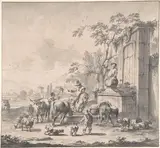 Pieter Bout, Landscape with Herdsmen, Sheep and Cows Around a Fountain