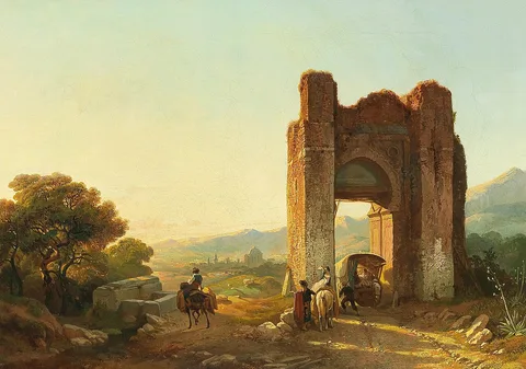 François Bossuet, A Romantic Landscape with Mauritanian Ruins and Figures