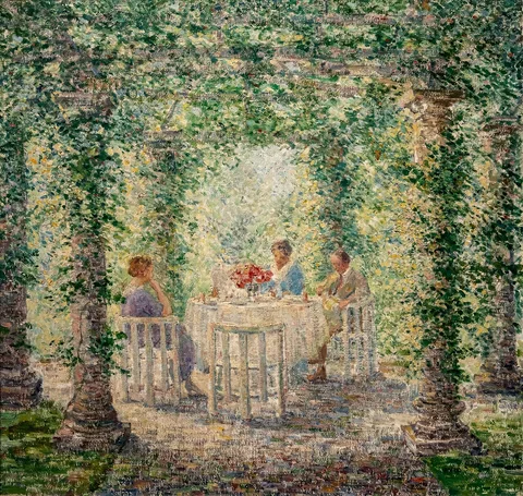 Evert Pieters, Portrait of mevrouw Pieters met de heg en mevrouw Singer in de tuin van De Wilde Zwanen (Laren)