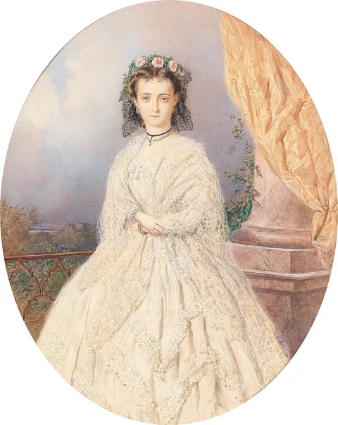 Carl Goebel, A portrait of a bride with roses in the hair, standing on a balcony