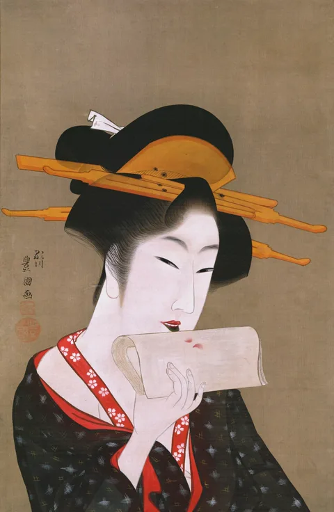 Toyokuni, Beauty Blotting Her Lip Rouge