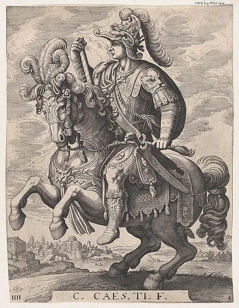 Matthäus Merian the Elder, Plate 4: Emperor Gaius on Horseback, from "The First Twelve Roman Caesars"