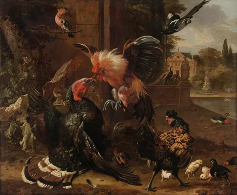Melchior de Hondecoeter, A Rooster and Turkey Fighting