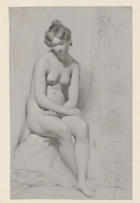 William Etty, Zittend naakt vrouwelijk model met hoog kapsel, ernaast nogmaals geschetst