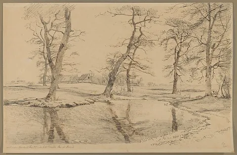 Johan Lundbye, A Brook near a Farm in Usserød with Cows and Two Figures