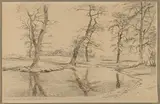 Johan Lundbye, A Brook near a Farm in Usserød with Cows and Two Figures