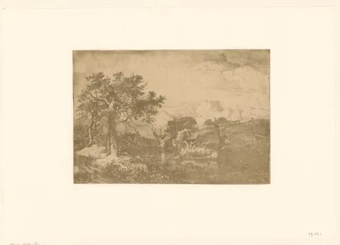 John Crome, Heuvelachtig landschap met bomen en een windmolen rondom een poel bij Deopham