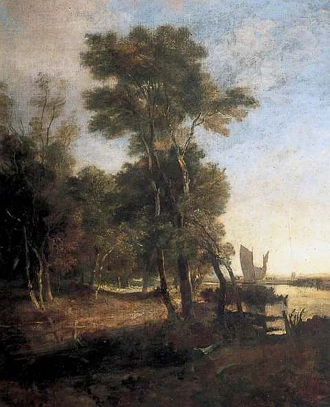 John Crome, Woodland with a River and Barges with Sails