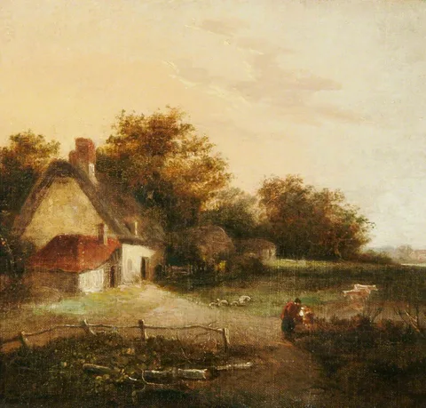 John Crome, Landscape with a Cottage and Trees, Cattle and a Figure in the Foreground