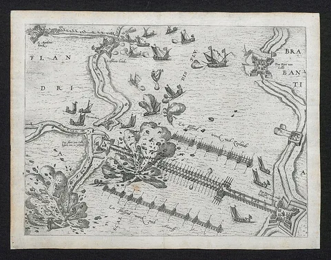 Frans Hogenberg, Explosie in 1585 bij de schipbrug van Alexander Farnese, de hertog van Parma, over de Schelde
