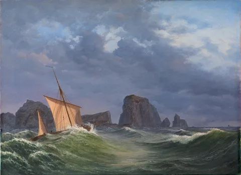 Anton Melbye, En shetlandsk fiskerbåd i stormfuldt vejr nord for Orkneyøerne