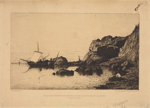 Adolphe Appian, Barque de pecheurs faisant escale dans les rochers de Collioure