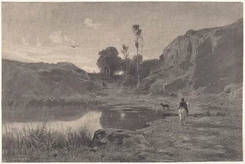 Adolphe Appian, A Rider by a Mountain Pond at Sunset