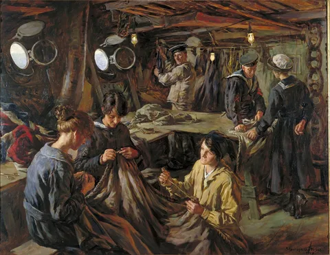Stanhope Forbes, WRNS Ratings Sail-making: On Board 'HMS Essex' at Devonport, 1918