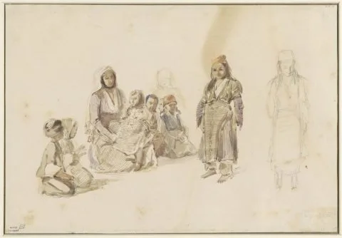 Auguste Raffet, Studieblad met zittende vrouw en kinderen, te Dereköy in Turkije