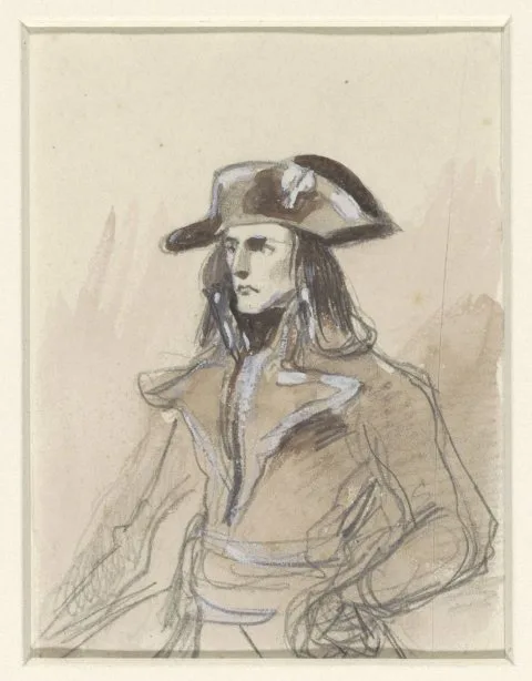 Auguste Raffet, Portret van Napoleon, kniestuk, staand, driekwart naar links