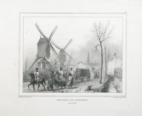 Auguste Raffet, Landschap te Berchem met molens en soldaten