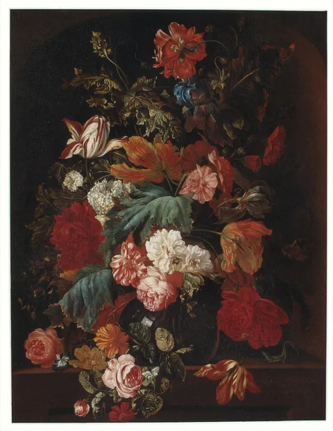 Ernst Stuven, Flowers in a glass vase on a stone slab