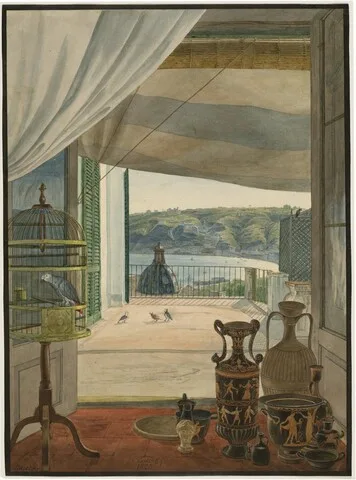 Carl Götzloff, Antiquities by a Balcony Overlooking the Gulf of Naples