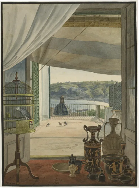 Carl Götzloff, Antiquities by a Balcony Overlooking the Gulf of Naples