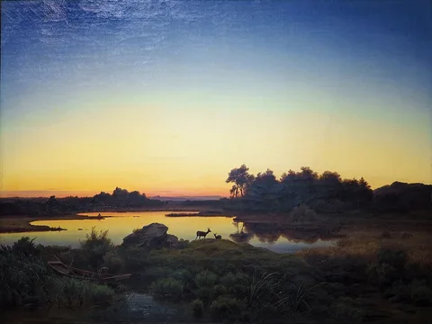 Anton Zwengauer, Landscape with Deer at Sunset