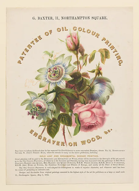 George Baxter, Advertisement: George Baxter, 11 Northampton Square, Patentee of Oil Colour Printing, Engraver on Wood, etc.