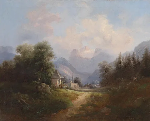 Gustav Barbarini, Mountain Valley with decorative figures