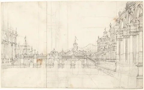 Bernardo Bellotto, A Capriccio of Palaces and a Loggia Facing a Classical Bridge