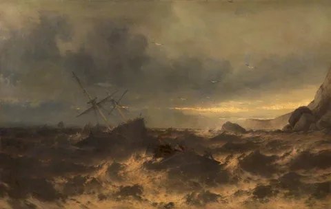 Theodore Alexander Weber, A Wreck on the English South Coast, with a Boat Going Out to Rescue Survivors