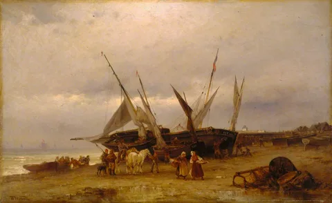 Theodore Alexander Weber, Seascape with Fishing Boats and Figures on the Shore