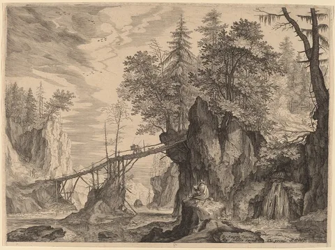 Aegidius Sadeler, Draughtsman on a Stone before a Bridge