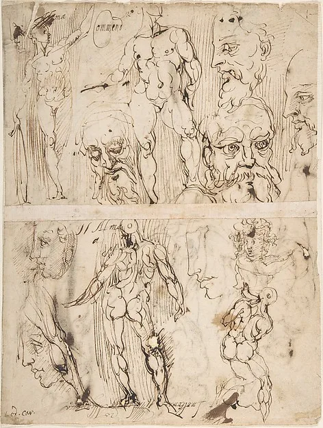 Agostino Carracci, Studies of Nudes and Human Heads (recto and on the verso)