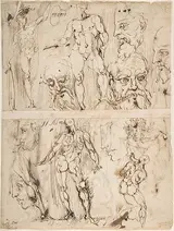 Agostino Carracci, Studies of Nudes and Human Heads (recto and on the verso)
