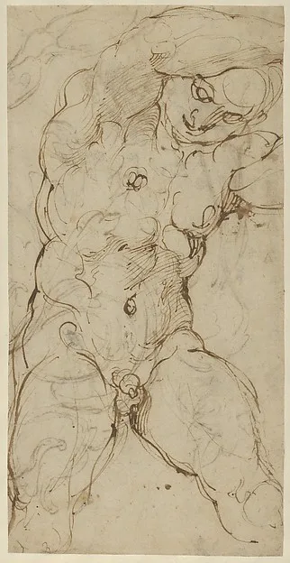 Agostino Carracci, Seated Nude Male Figure (recto); Ornamental Designs of Foliage, a Grotesque Head, and a Leg (verso)