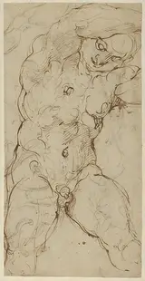 Agostino Carracci, Seated Nude Male Figure (recto); Ornamental Designs of Foliage, a Grotesque Head, and a Leg (verso)