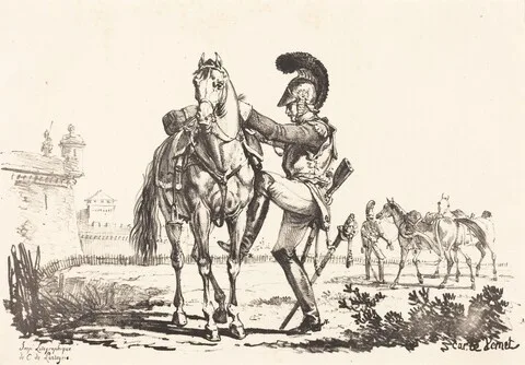 Carle Vernet, Carabinier Mounting a Horse
