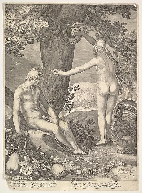Jan Saenredam, Eve Giving Adam the Forbidden Fruit, plate 3 from "The Story of Adam and Eve"