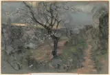 Francesco Paolo Michetti, A Hillside Path with Blooming Cherry Trees under an Overcast Sky