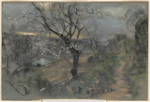 Francesco Paolo Michetti, A Hillside Path with Blooming Cherry Trees under an Overcast Sky