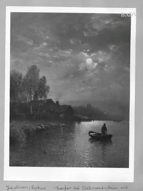 Sophus Jacobsen, Landscape at moonlight fishing - men in a boat