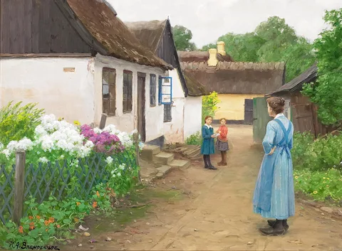 H. A. Brendekilde, A woman and some children in a small village street.