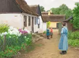 H. A. Brendekilde, A woman and some children in a small village street.