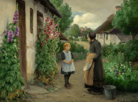 H. A. Brendekilde, A summer day in the village with a little girl and an elderly woman.